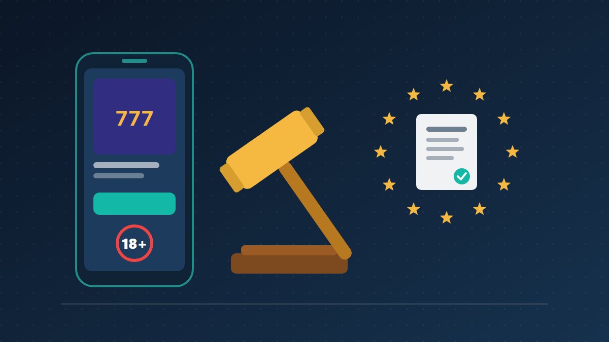 Смартфон з рекламою слотів і позначкою 18+, суддівський молоток і документ у колі зірок ЄС