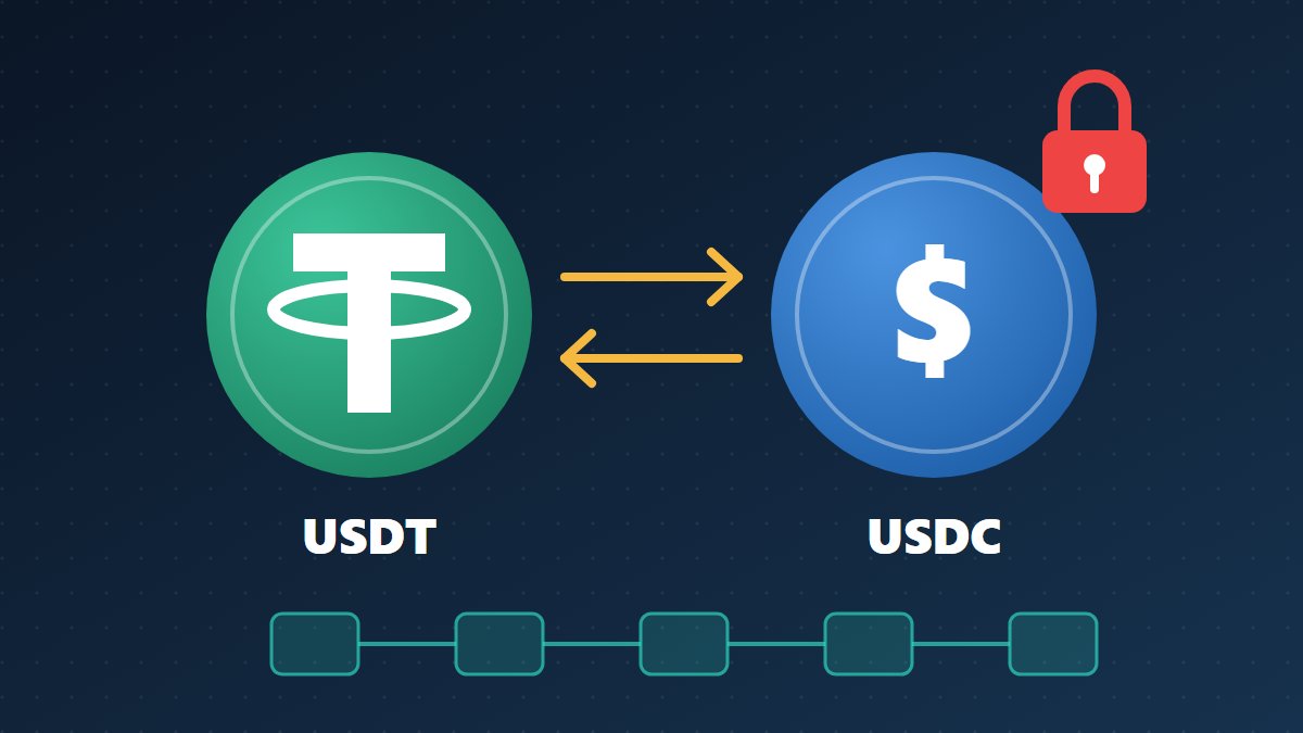 Монети USDT і USDC зі стрілками переказу, замок блокування та ланцюжок блоків